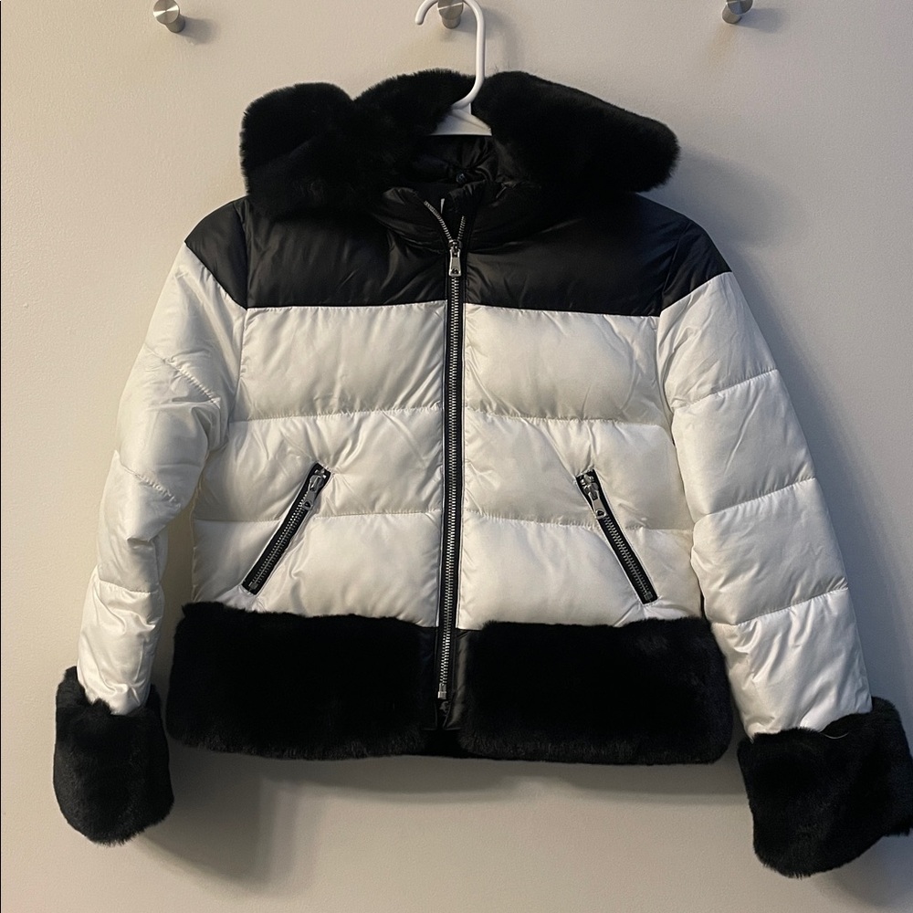 Mayoral girls white black puffer fur trim warm jacket size 10/140